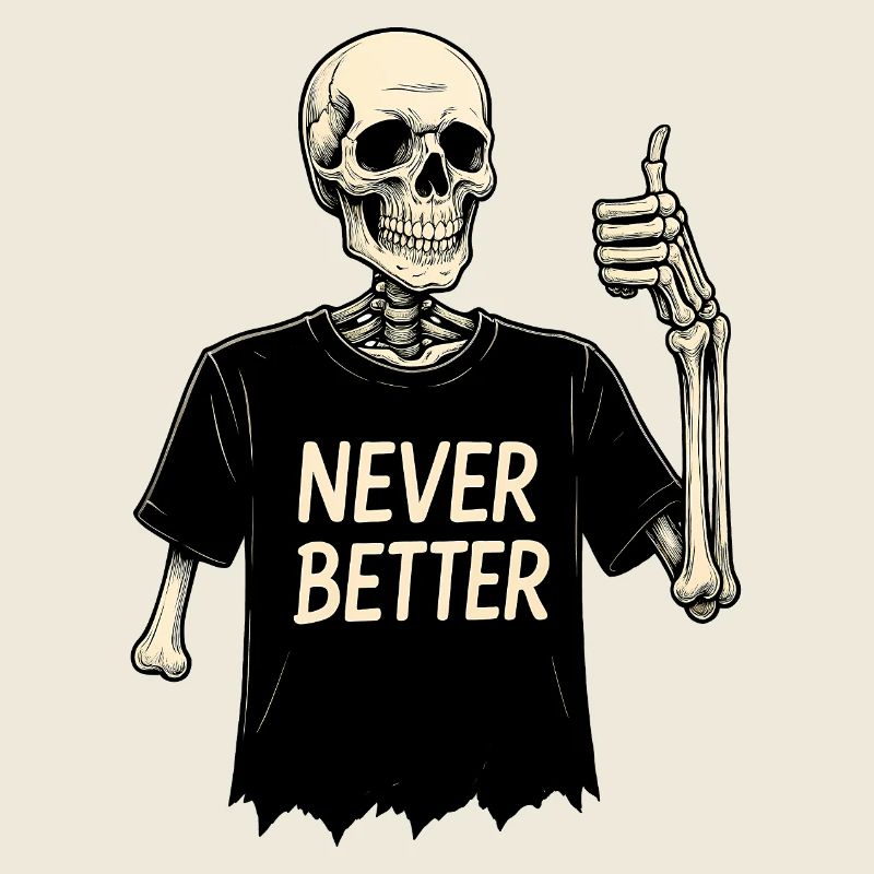 Never Better – Smiling Skeleton in a Torn Shirt