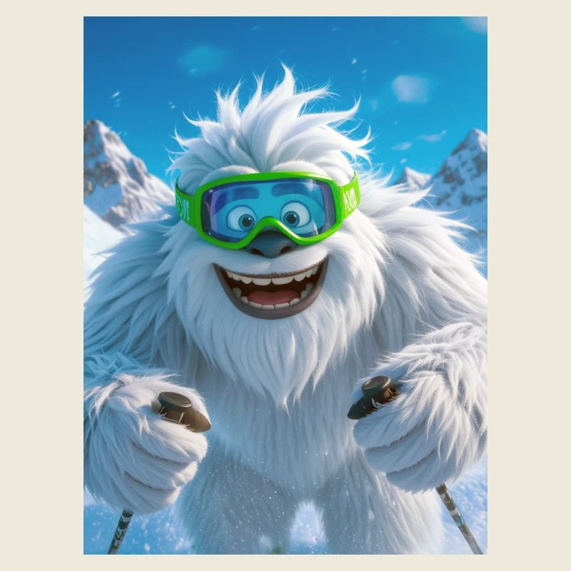 Un Yéti géant skie joyeusement avec des lunettes vertes