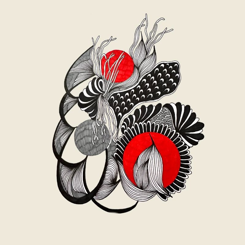 Monochrome Blütenkreise mit Rot