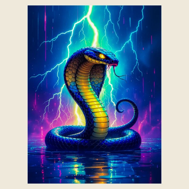 A cobra rises through electric lightning in glowin