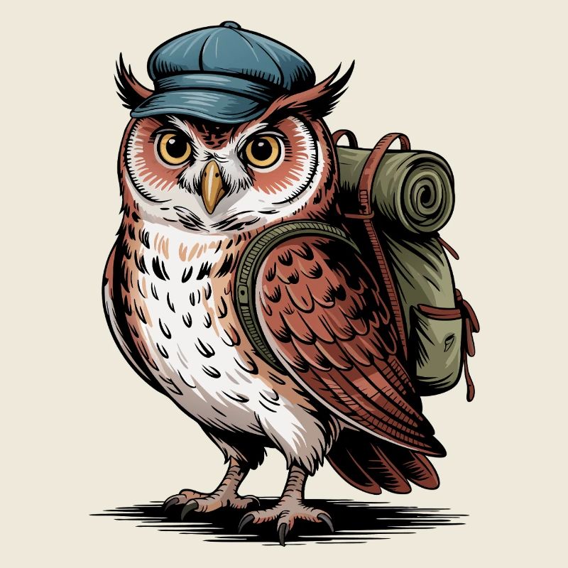 Wandernde Eule mit Rucksack