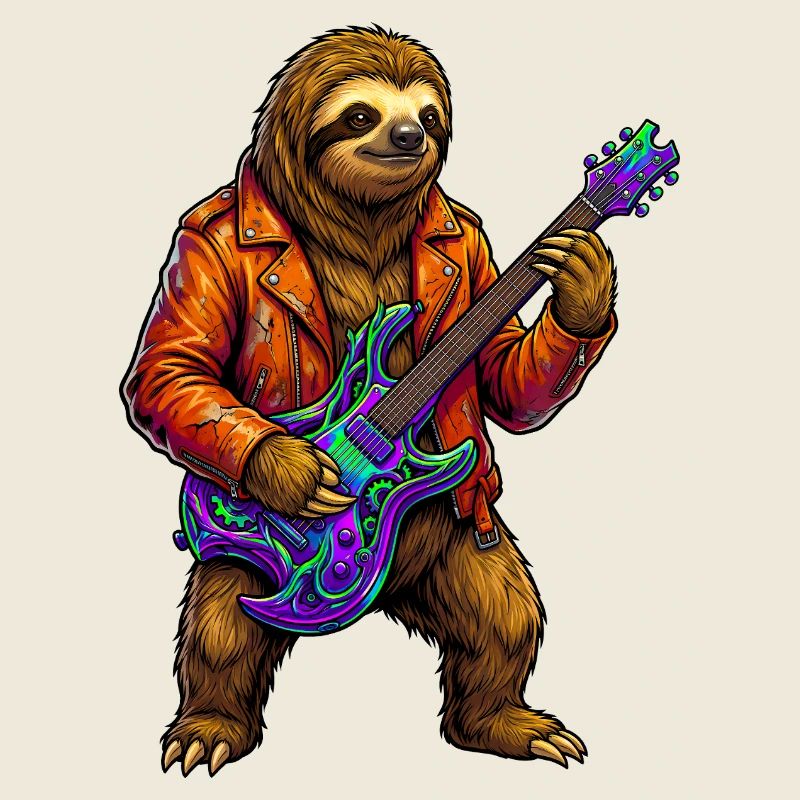 Faultier in Lederjacke mit Neon E-Gitarre