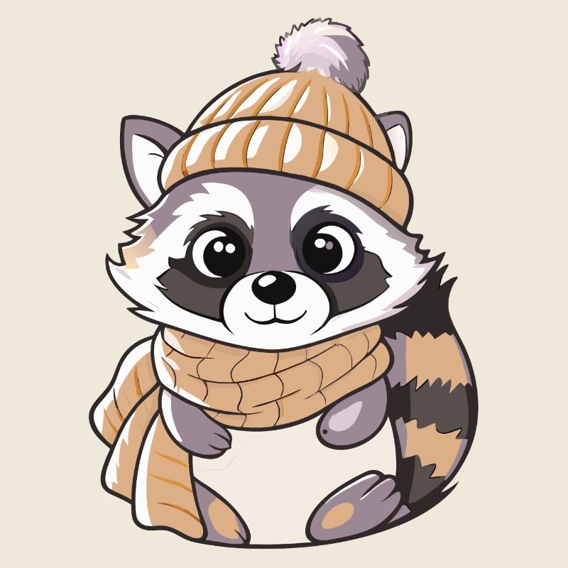 Raton laveur mignon avec écharpe et chapeau à pompon.