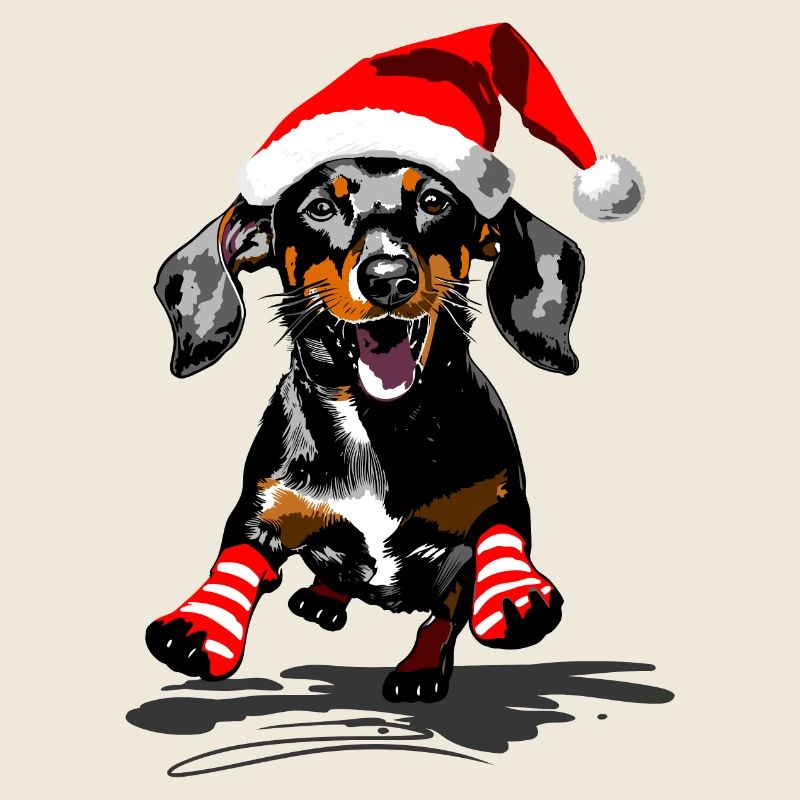 Dachshund with Santa hat and striped socks