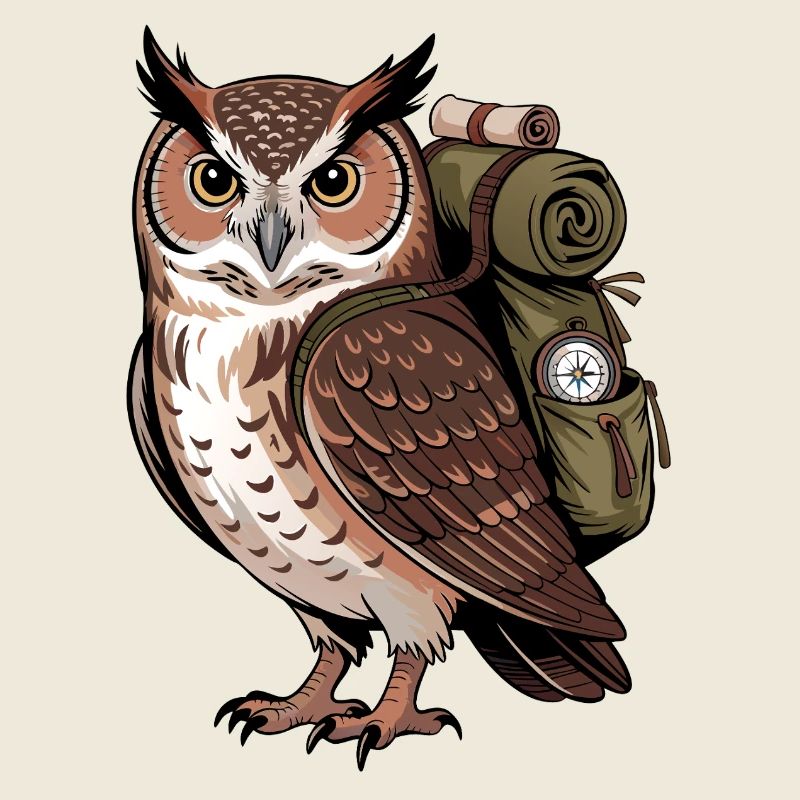 Wandernde Eule mit Rucksack