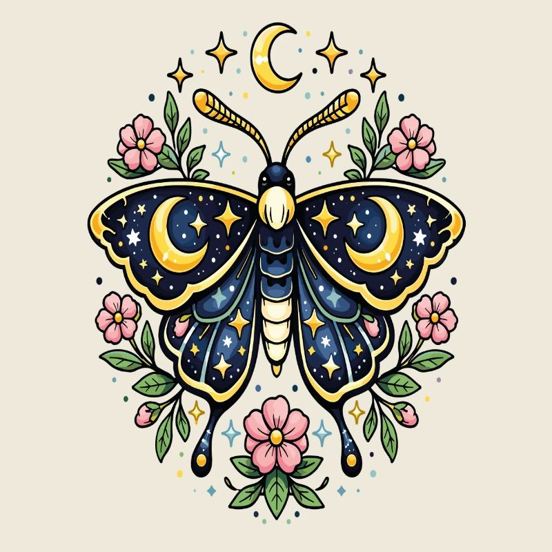 Papillon céleste lune fleurs étoiles