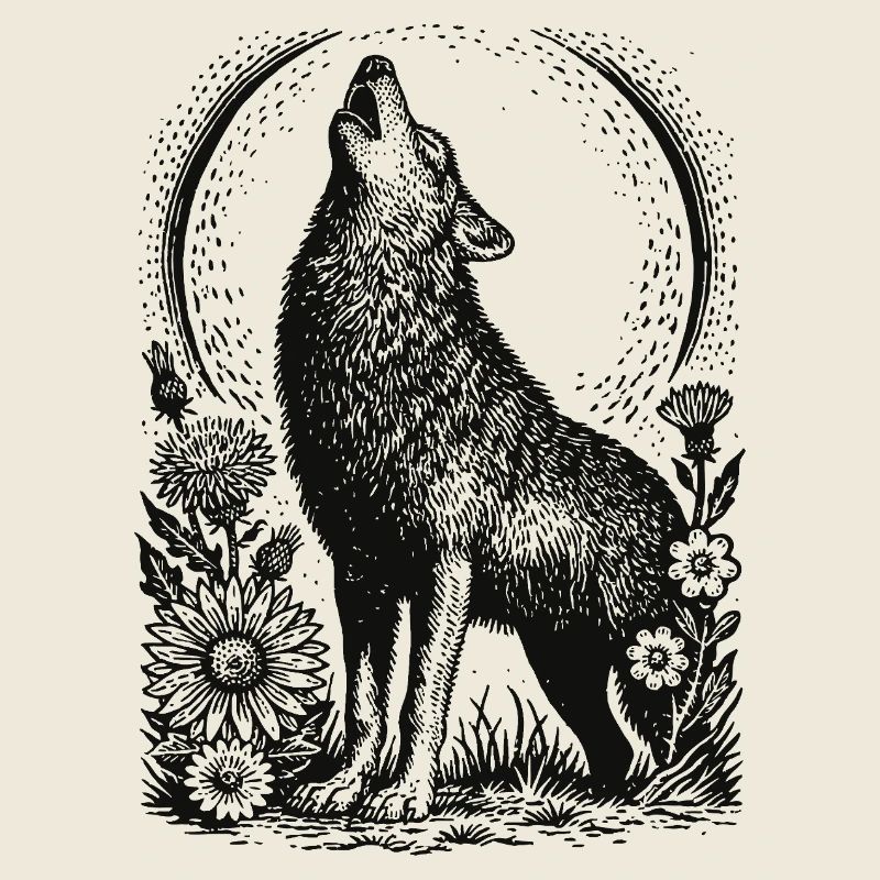 Loup hurlant dans un cadre circulaire floral