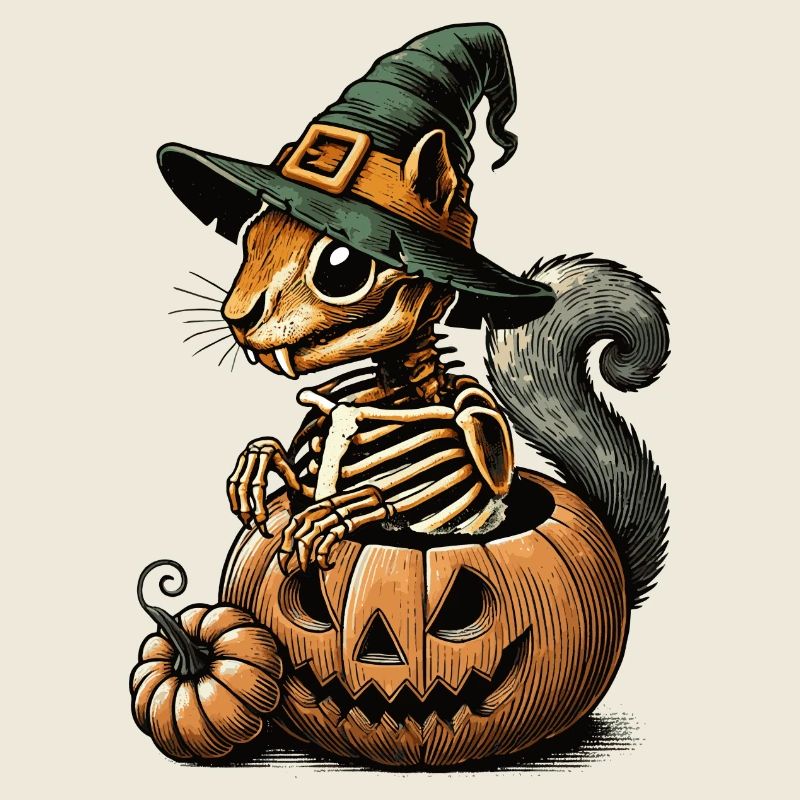 Skeleton squirrel motif in a pumpkin with hat