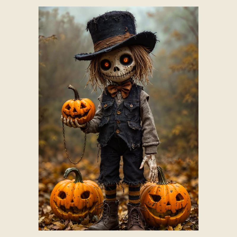 Spukvogelscheuche mit Kürbislaternen