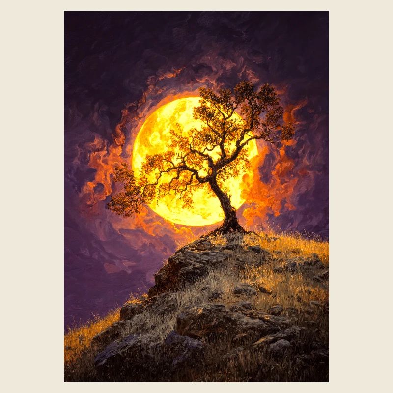 Moonlit Lone Tree on Cliff