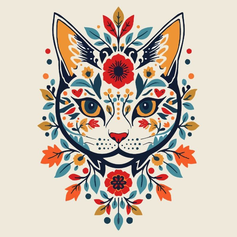 Chat fleur dans le style folklorice