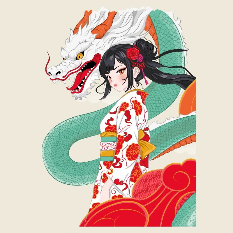 Anime Style Geisha with Dragon