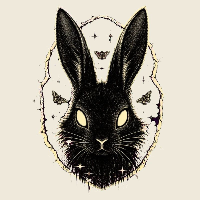 Lapin noir avec des papillons de nuit
