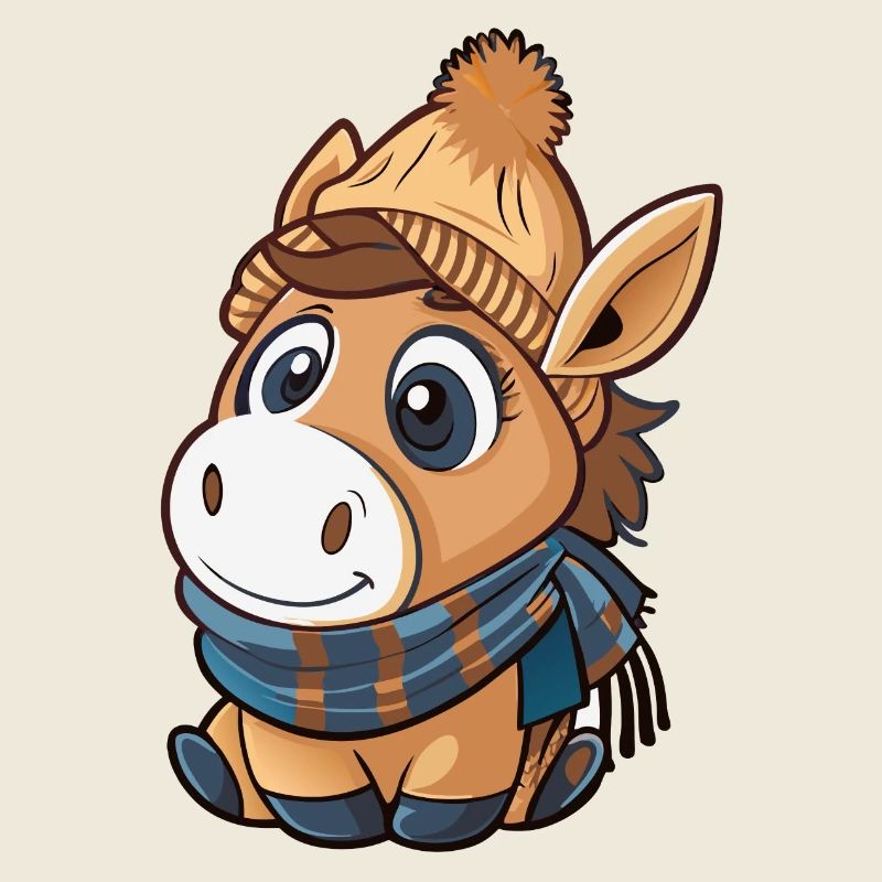 Cute donkey with scarf and bobble hat.
