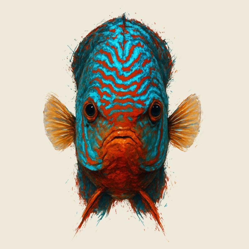 Blauer und oranger Diskusfisch mit intensiven Augen
