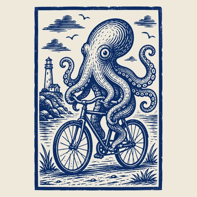 Octopus on Bicycle – Maritime Woodcut