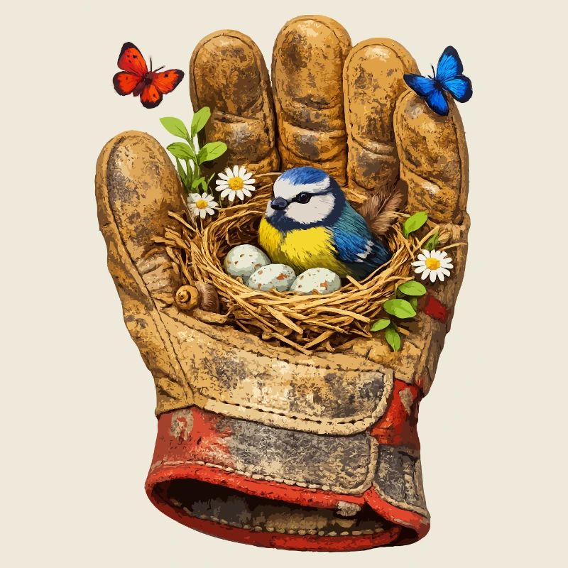 Nest im Handschuh mit Vogel und Blumen