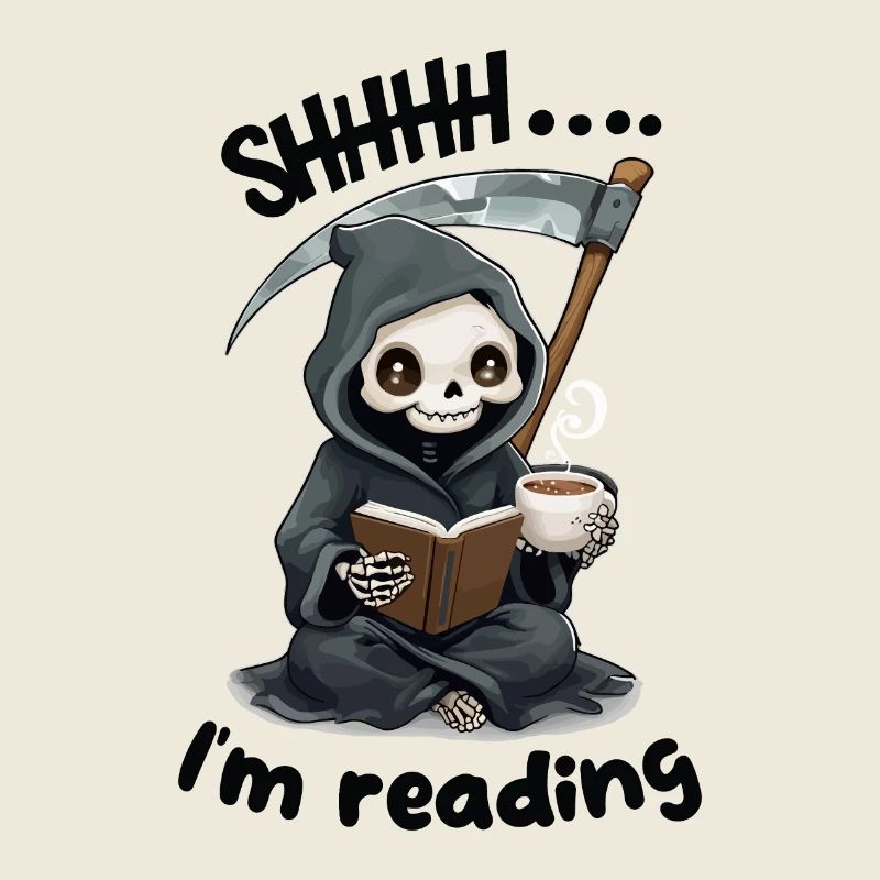 Sensenmann liest ein Buch mit Kaffee