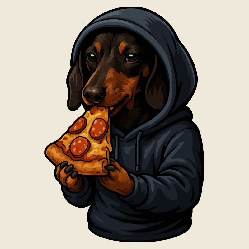 Teckel en sweat à capuche mangeant de la pizza