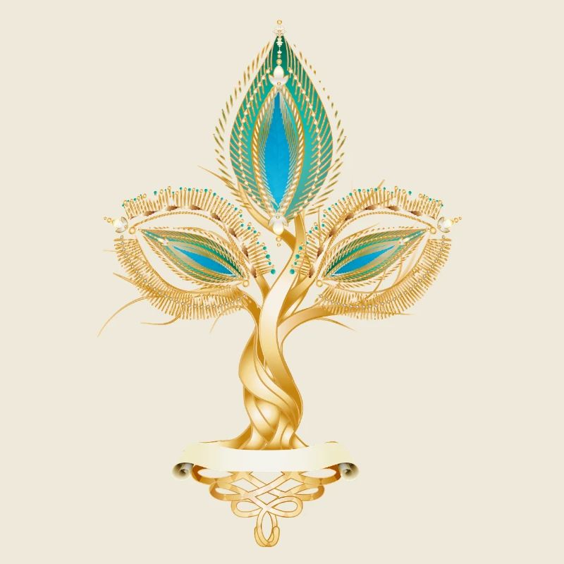 Gold-colored tree with oriental leaf ornament