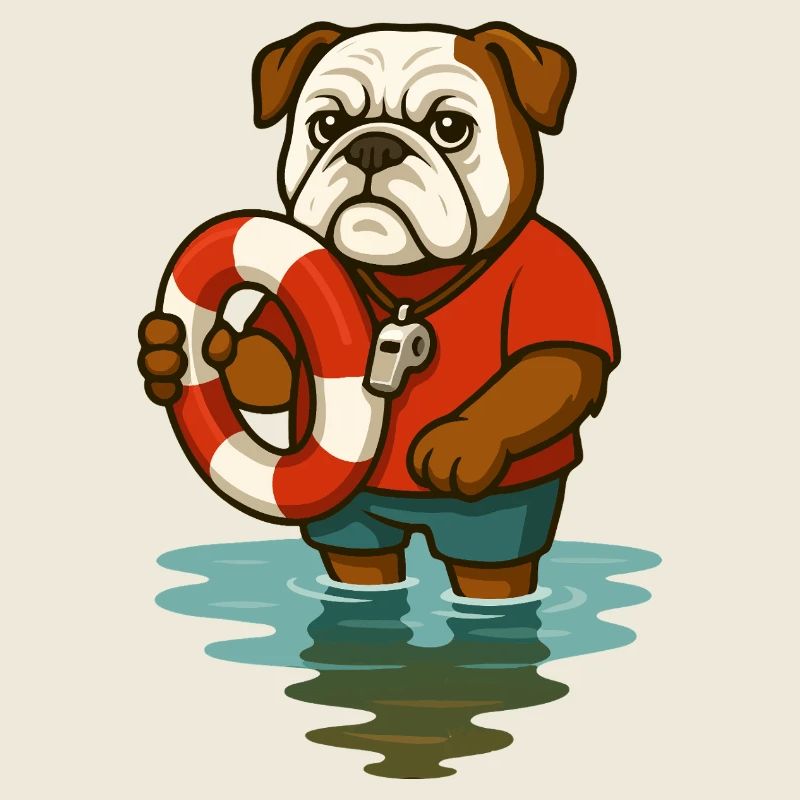 Lifeguard Bulldog Mascot Holding Float Ring