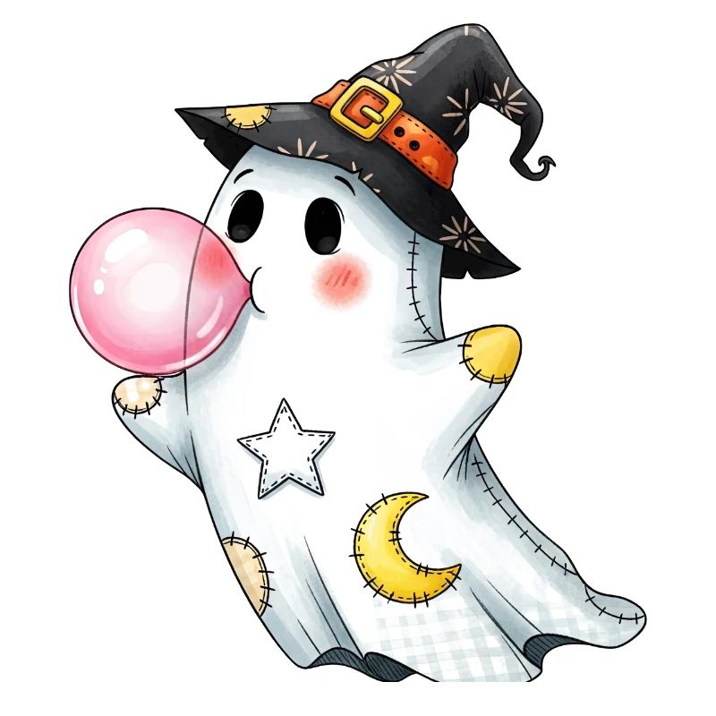 Patchwork cartoon ghost with bubble gum bubble
