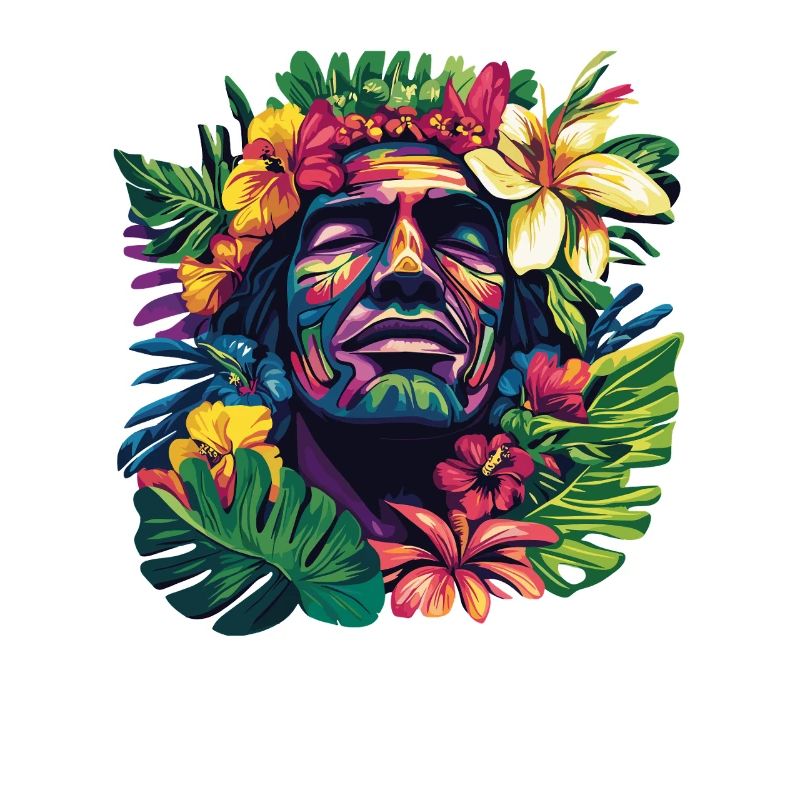 Tropischer Gesichtskopf mit Blumenkranz