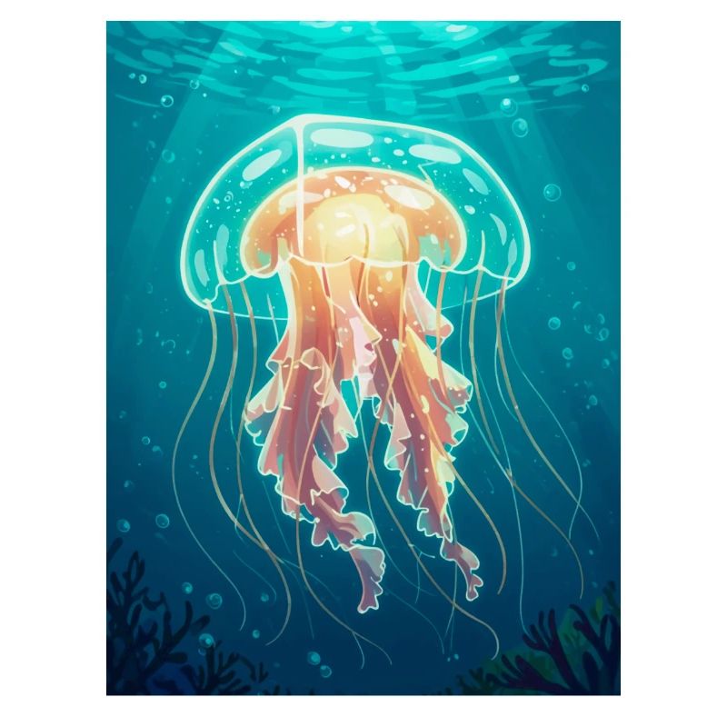 Comic style box jellyfish, transparent cube-shaped
