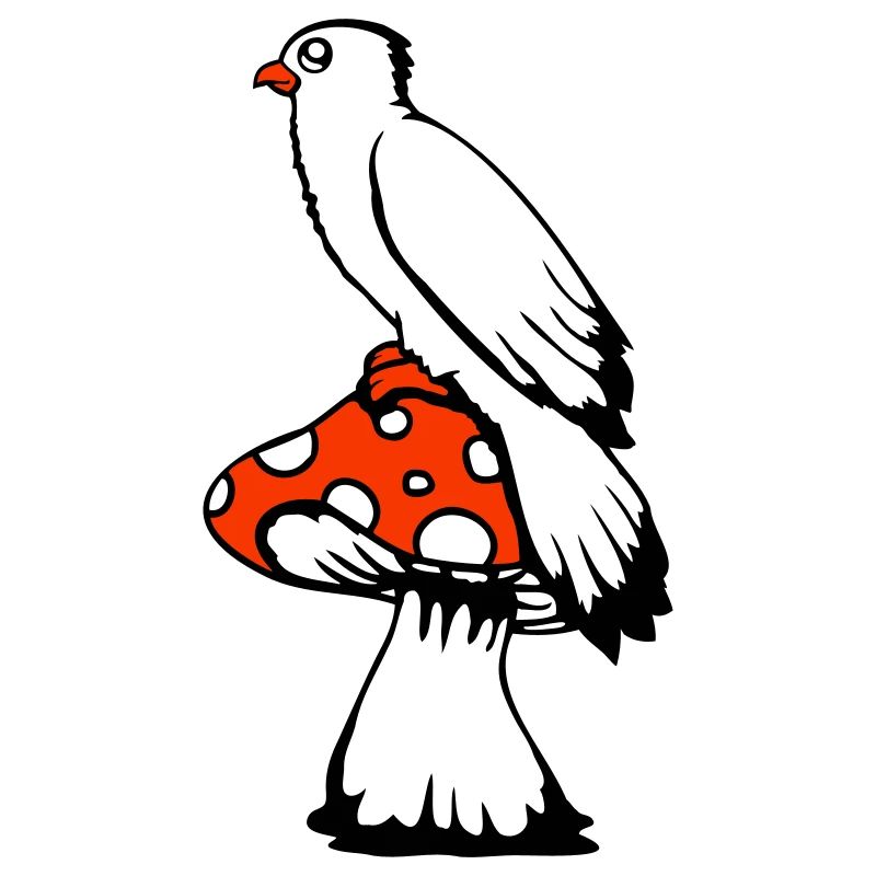 Bird sitting cute big mushroom dots toadstool