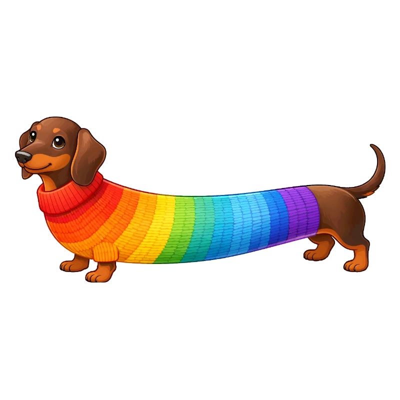 Teckel avec un pull arc-en-ciel