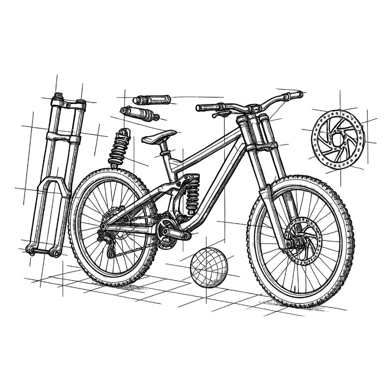 DH Bike Exploded Drawing - Geometry Sketch