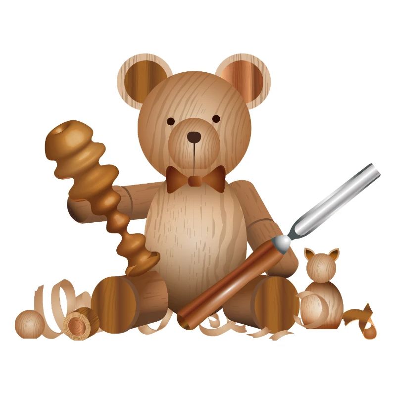 Wood-look bear at woodwork with lathe chisel