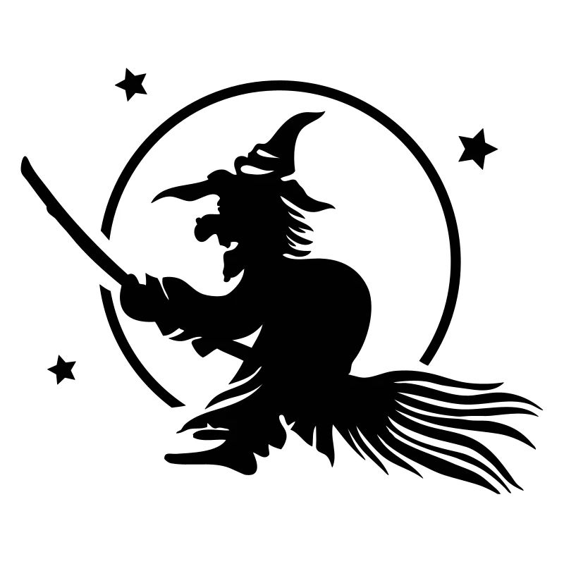 Halloween witch on a broom. Full moon time.