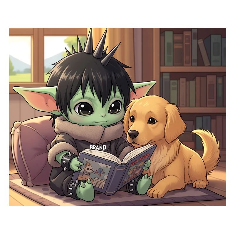 Little Goblin with Dog and Comic Book