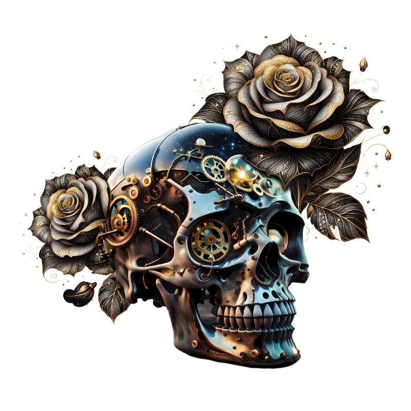 Atemberaubender dunkler Steampunk Totenkopf mit Rosen
