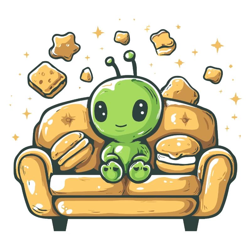 Cuddly alien on sunny sofa
