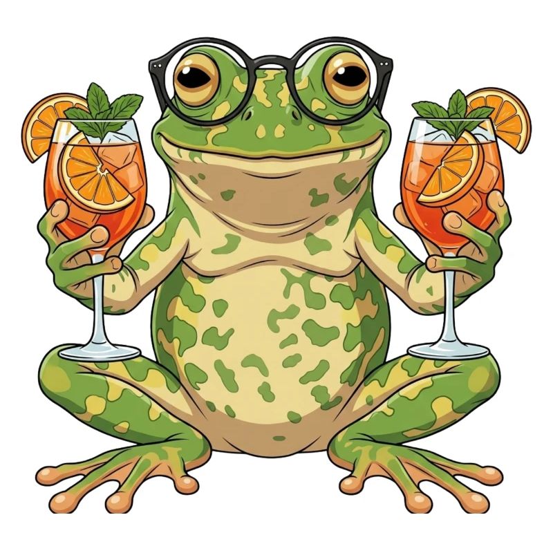 Frosch mit Cocktailgläsern