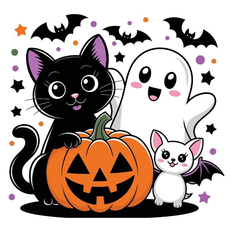 Halloween Ghost and Cat with Pumpkin