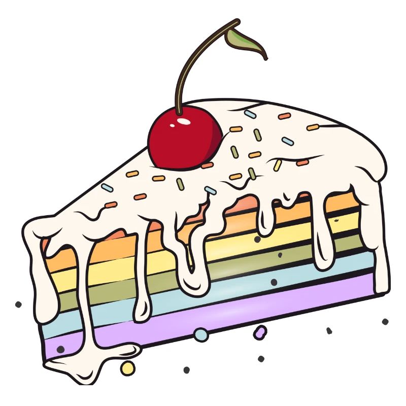Stück Regenbogen Kuchen mit Kirsche im Comic Stil