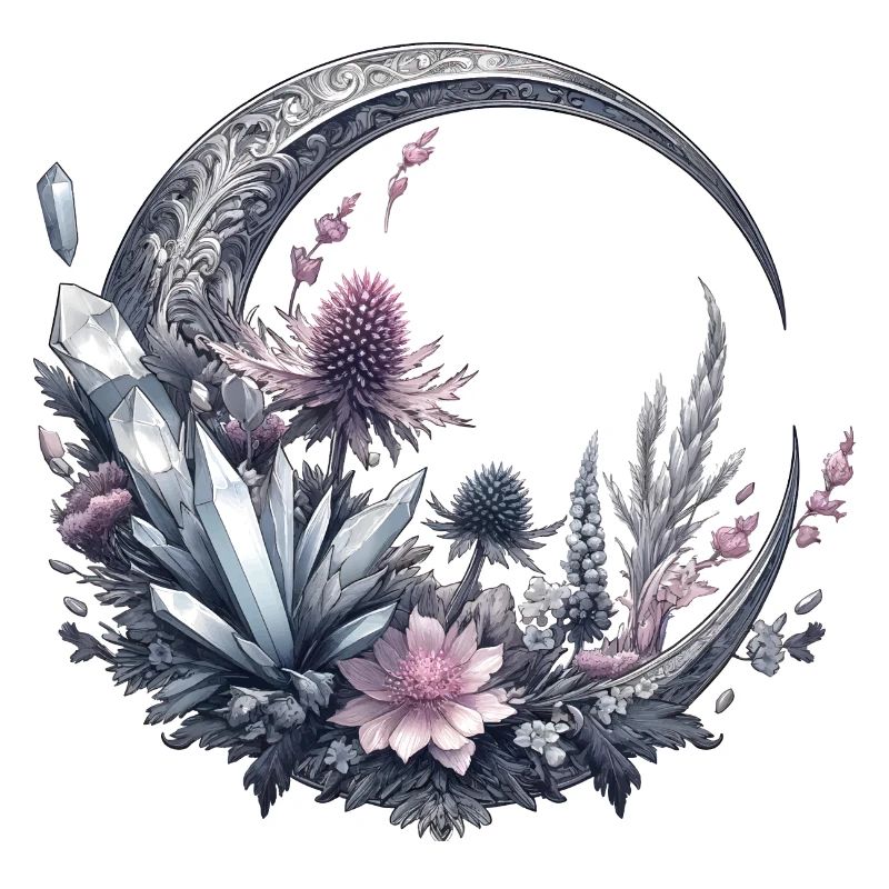 Crescent Moon in Silver, with Crystals and Flowers