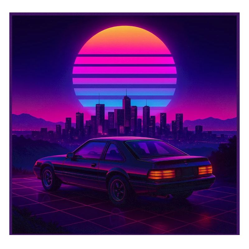 Neon Outrun Sunset Car – Retro Synthwave