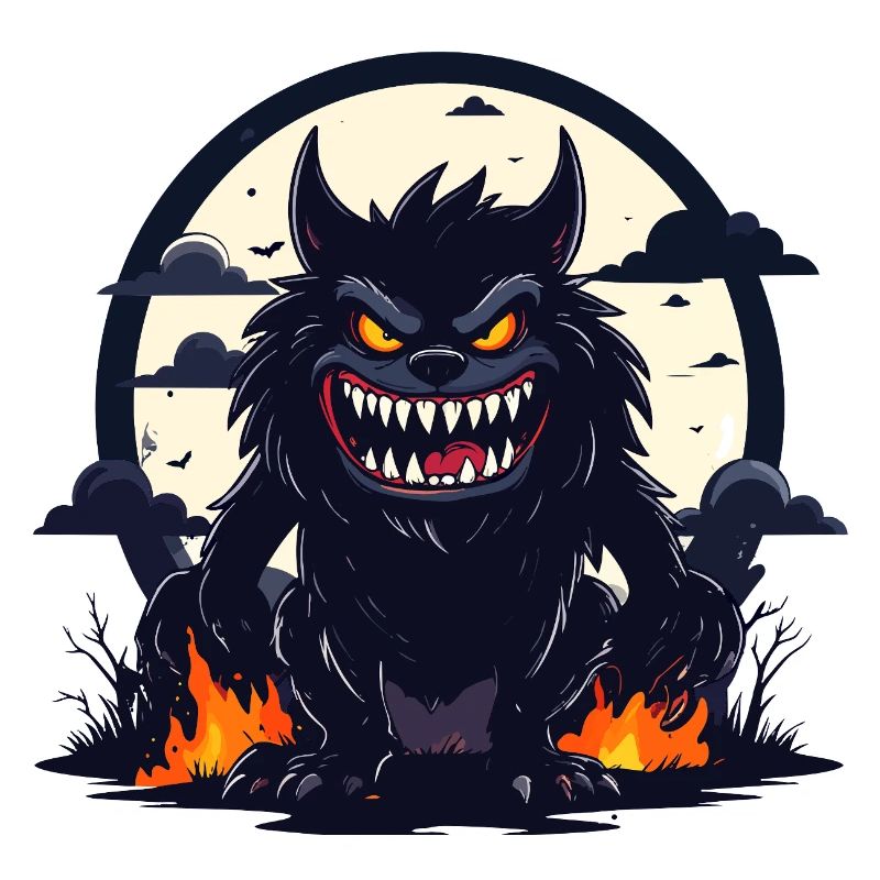 Moonlit Night Werewolf Monster with Fire Flames