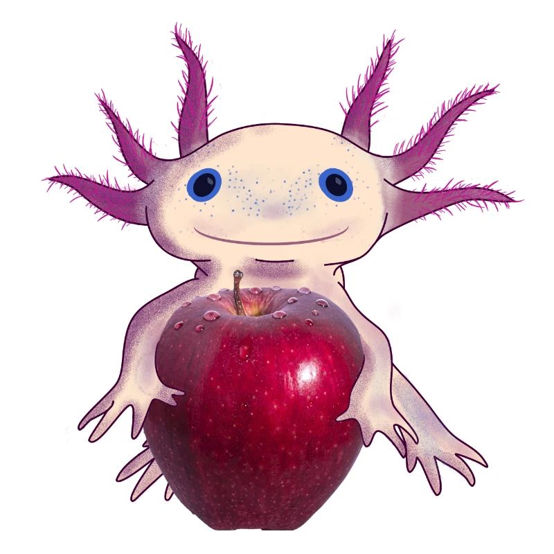 Cuddly Axolotl with Apple, Hand Drawn