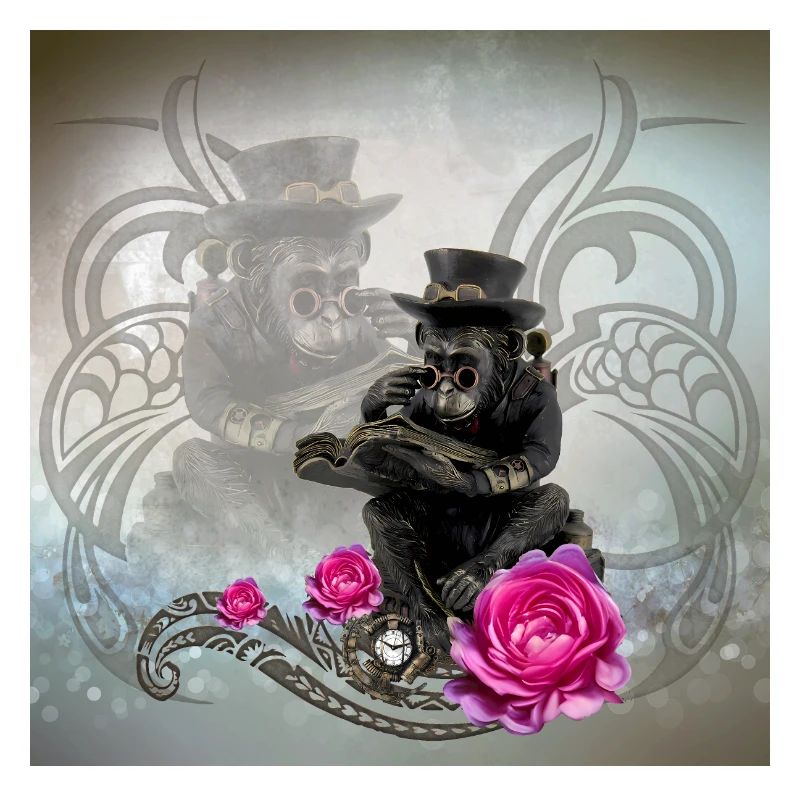 Funny steampunk monkey reads a book