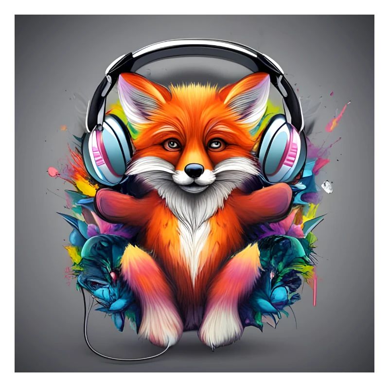 Fuchs mit Kopfhörer Farbexplosion