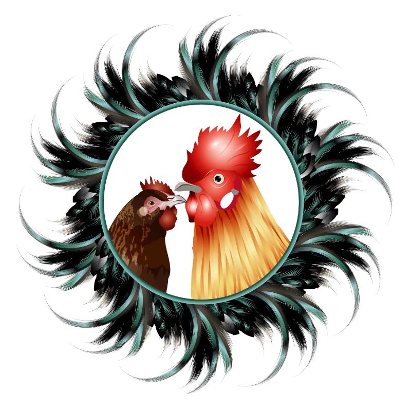 Rooster with hen in feather frame