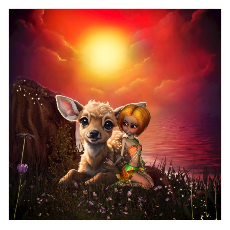 La petite fée et le faon mignon.