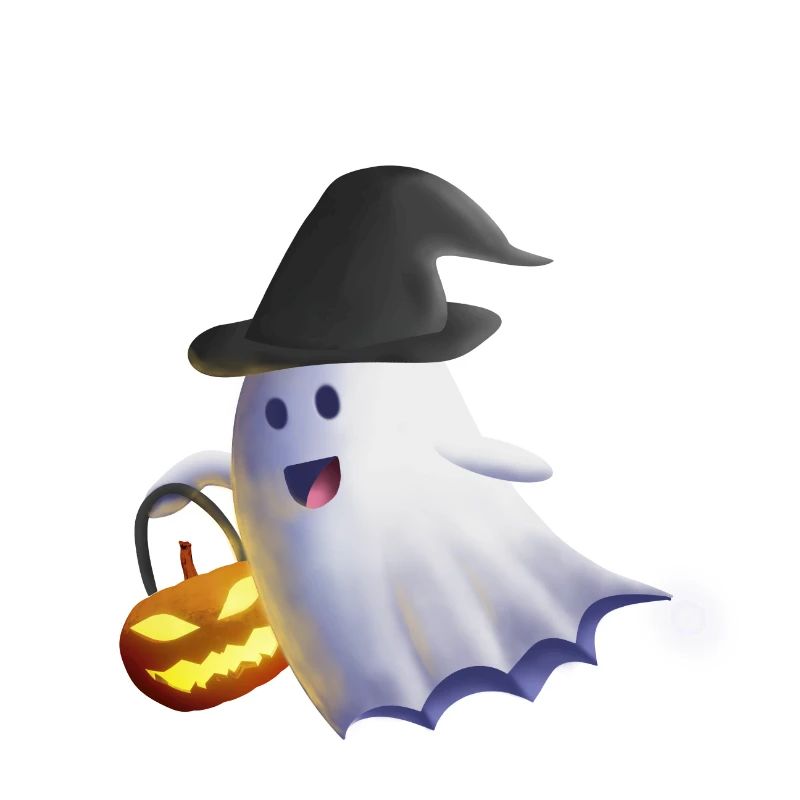 Ghost with Witch Hat and Jack-o'-Lantern