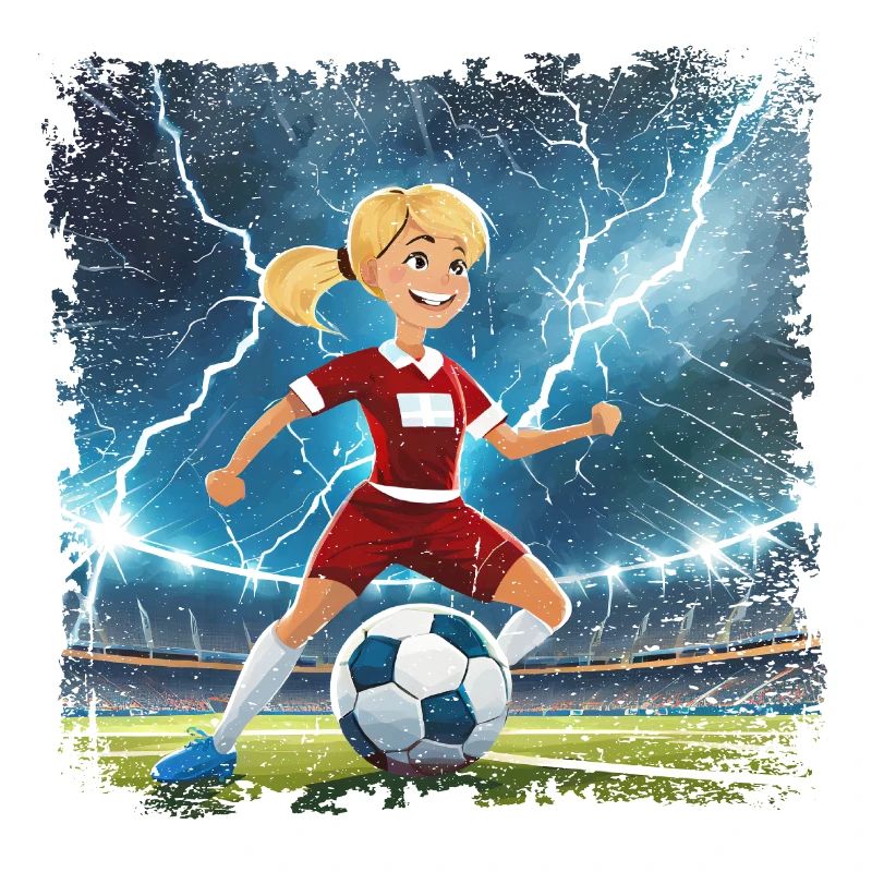 Fussballerin Comicfigur Stadion mit Blitzen