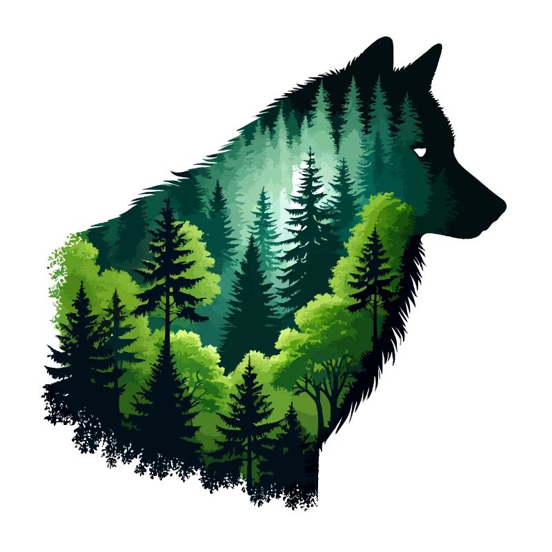 Loup silhouette avec forêt verte